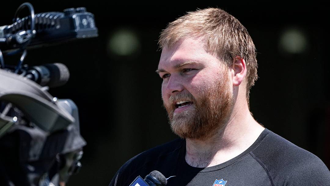 Detroit Lions center Cade Mays (64) is being interviewed after practice during OTAs at Meijer Performance Center in Allen Park on Friday, May 29, 2026.