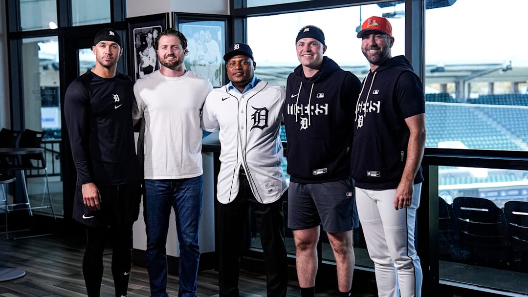  Detroit Tigers pitchers Jack Flaherty, Casey Mize, Framber Valdez, Tarik Skubal and Justin Verlander during Valdez’s introductory press conference.