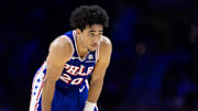 Dec 4, 2024; Philadelphia, Pennsylvania, USA; Philadelphia 76ers guard Jared McCain (20) looks on during the fourth quarter against the Orlando Magic at Wells Fargo Center. Mandatory Credit: Bill Streicher-Imagn Images