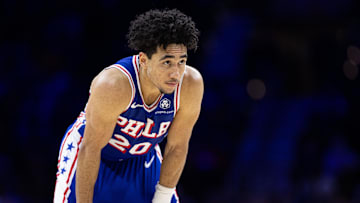 Dec 4, 2024; Philadelphia, Pennsylvania, USA; Philadelphia 76ers guard Jared McCain (20) looks on during the fourth quarter against the Orlando Magic at Wells Fargo Center. Mandatory Credit: Bill Streicher-Imagn Images