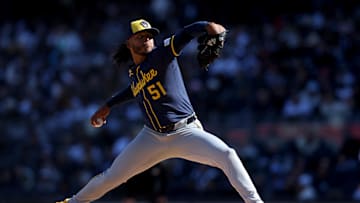 Mar 27, 2025; Bronx, New York, USA; Milwaukee Brewers starting pitcher Freddy Peralta (51) pitches against the New York Yankees during the second inning at Yankee Stadium. Mandatory Credit: Brad Penner-Imagn Images