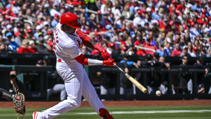 Apr 6, 2024; St. Louis, Missouri, USA;  St. Louis Cardinals right fielder Jordan Walker (18) hits a one run double against the Miami Marlins during the fourth inning at Busch Stadium. Mandatory Credit: Jeff Curry-USA TODAY Sports