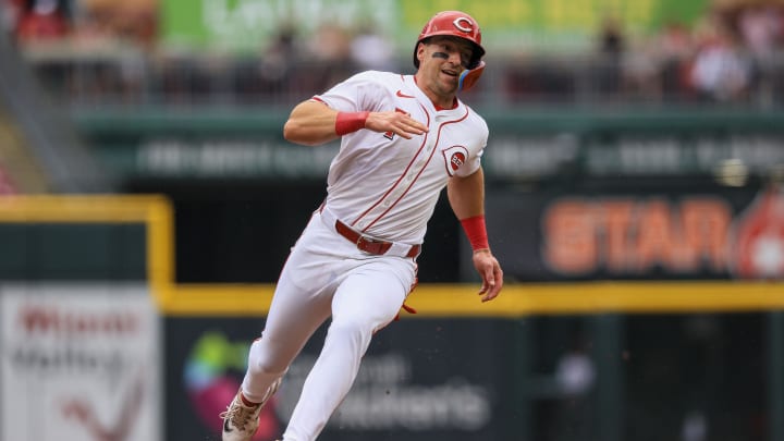 Jun 23, 2024; Cincinnati, Ohio, USA; Cincinnati Reds outfielder Spencer Steer (7) scores on a RBI double hit by catcher Tyler Stephenson (not pictured) in the sixth inning against the Boston Red Sox at Great American Ball Park. Mandatory Credit: Katie Stratman-USA TODAY Sports
