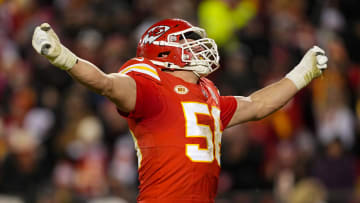 Dec 31, 2023; Kansas City, Missouri, USA; Kansas City Chiefs defensive end George Karlaftis (56) celebrates after a sack during the second half against the Cincinnati Bengals at GEHA Field at Arrowhead Stadium. Mandatory Credit: Jay Biggerstaff-USA TODAY Sports