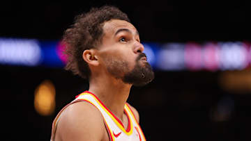 Hawks guard Trae Young reacts after a foul call against the New Orleans Pelicans in the fourth quarter at State Farm Arena. 