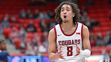 Feb 8, 2025; Pullman, Washington, USA; Washington State Cougars guard Nate Calmese (8) reacts after a play against the Pepperdine Waves in the second half at Friel Court at Beasley Coliseum. Washington State Cougars won 87-86. Mandatory Credit: James Snook-Imagn Images