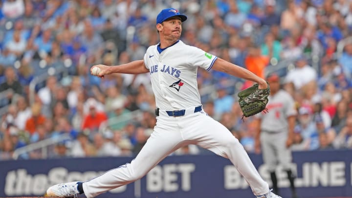 Aug 6, 2024; Toronto, Ontario, CAN; Toronto Blue Jays starting  pitcher Chris Bassitt (40) throws a pitch against the Baltimore Orioles during the first inning at Rogers Centre. Mandatory Credit: Nick Turchiaro-USA TODAY Sports