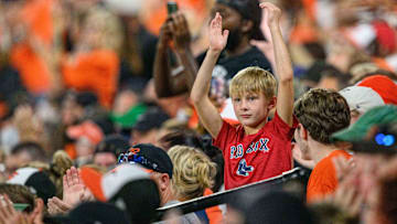 A Boston Red Sox fan reacts during the sixth inning at a game between the Baltimore Orioles and the Boston Red Sox at Oriole Park at Camden Yards.