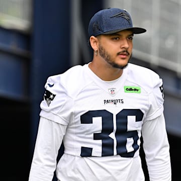 Jun 9, 2025; Foxborough, MA, USA; New England Patriots place kicker Andres Borregales (36) walks to the practice fields at Gillette Stadium. Mandatory Credit: Eric Canha-Imagn Images