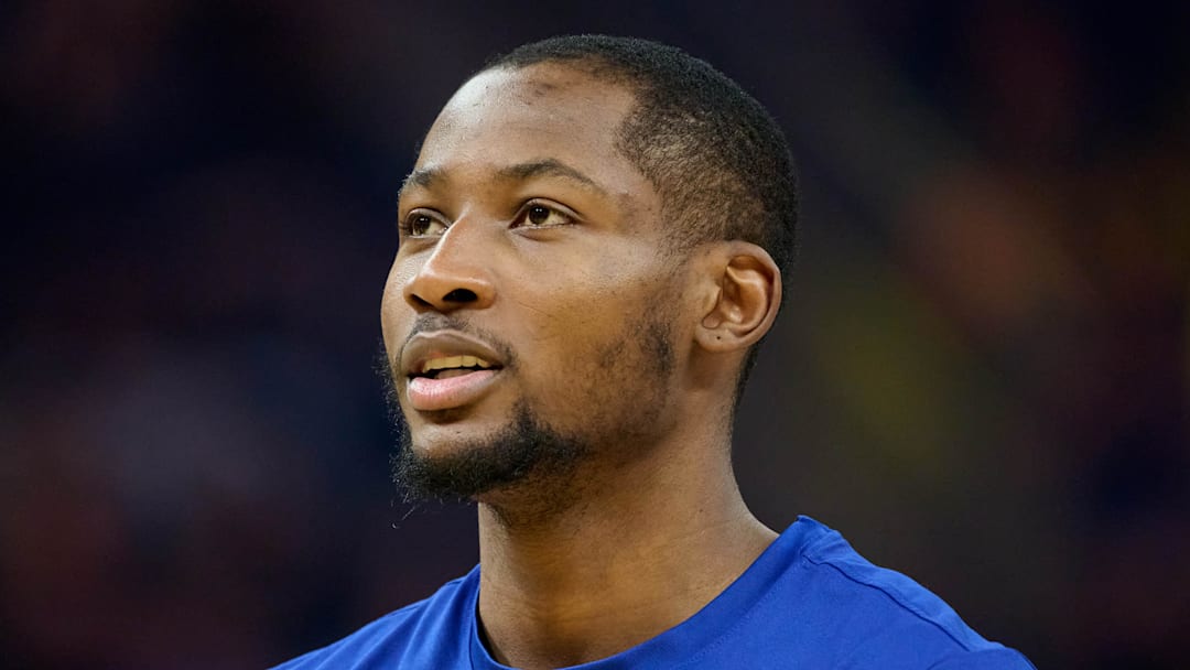 Jonathan Kuminga looks on during warmups before the game against the LA Clippers at Chase Center. 
