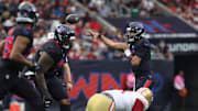 Oct 26, 2025; Houston, Texas, USA; Houston Texans quarterback C.J. Stroud (7) throws the ball during the second quarter against the San Francisco 49ers at NRG Stadium. Mandatory Credit: Troy Taormina-Imagn Images