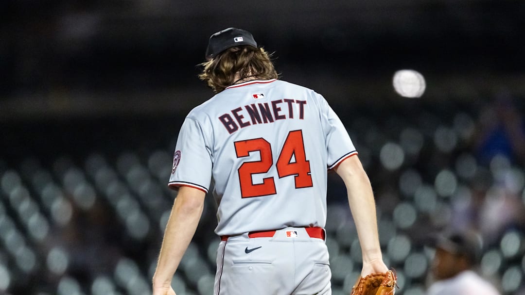 Nov 9, 2025; Mesa, AZ, USA; Detailed view of the jersey of Washington Nationals pitcher Jake Bennett (24) during the Arizona Fall League Fall Stars Game at Sloan Park. Mandatory Credit: Mark J. Rebilas-Imagn Images