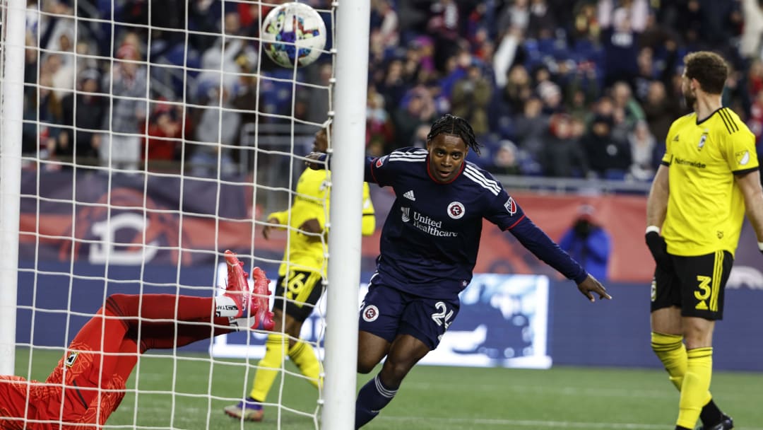 May 7, 2022; Foxborough, Massachusetts, USA; New England Revolution forward DeJuan Jones (24) celebrates his goal against the Columbus Crew during the second half at Gillette Stadium. Mandatory Credit: Winslow Townson-USA TODAY Sports
