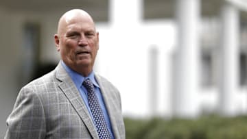 Sep 26, 2022; Washington, District of Columbia, US;  Atlanta Braves manager Brian Snitker speaks at the Stakeout position outside the West Wing of The White House after a ceremony honoring the 2021 World Series champion Braves in the East Room at The White House. Mandatory Credit: Geoff Burke-Imagn Images