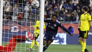 May 7, 2022; Foxborough, Massachusetts, USA; New England Revolution forward DeJuan Jones (24) celebrates his goal against the Columbus Crew during the second half at Gillette Stadium. Mandatory Credit: Winslow Townson-USA TODAY Sports