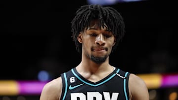 Mar 27, 2023; Portland, Oregon, USA; Portland Trail Blazers shooting guard Shaedon Sharpe (17) reacts during the second half against the New Orleans Pelicans at Moda Center. Mandatory Credit: Soobum Im-Imagn Images