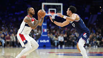 Dec 2, 2025; Philadelphia, Pennsylvania, USA; Washington Wizards forward Cam Whitmore (1) shoots the ball against Philadelphia 76ers guard Jared McCain (20) in the second quarter at Xfinity Mobile Arena. Mandatory Credit: Kyle Ross-Imagn Images