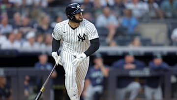 New York Yankees left fielder Jasson Dominguez bats against the Seattle Mariners during the first inning at Yankee Stadium. 