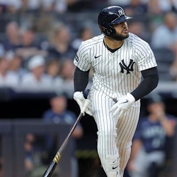New York Yankees left fielder Jasson Dominguez bats against the Seattle Mariners during the first inning at Yankee Stadium. 