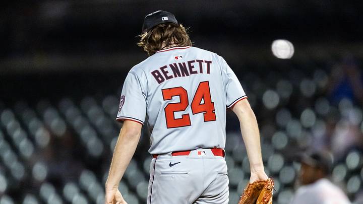 Nov 9, 2025; Mesa, AZ, USA; Detailed view of the jersey of Washington Nationals pitcher Jake Bennett (24) during the Arizona Fall League Fall Stars Game at Sloan Park. Mandatory Credit: Mark J. Rebilas-Imagn Images
