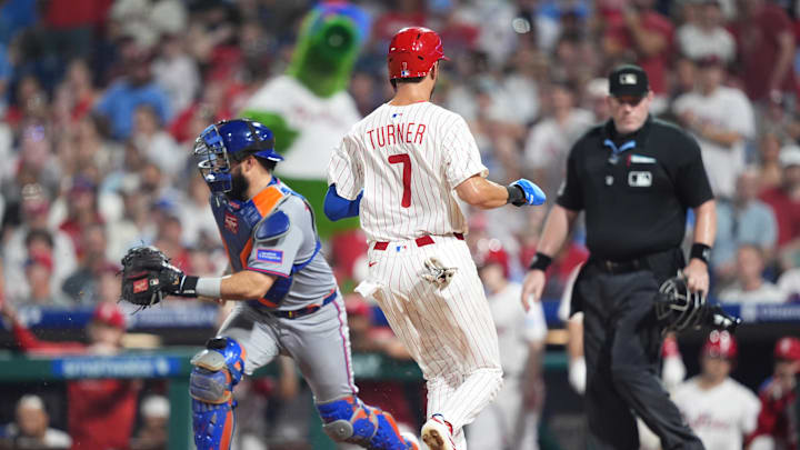 Philadelphia Phillies infielder Trea Turner runs home to score against the New York Mets at Citizens Bank Park Philadelphia Phillies infielder Trea Turner runs home to score against the New York Mets at Citizens Bank Park