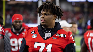 Jan 9, 2023; Inglewood, CA, USA; Georgia Bulldogs offensive lineman Earnest Greene III (71) against the TCU Horned Frogs during the CFP national championship game at SoFi Stadium. Mandatory Credit: Mark J. Rebilas-Imagn Images