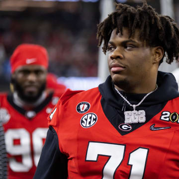 Jan 9, 2023; Inglewood, CA, USA; Georgia Bulldogs offensive lineman Earnest Greene III (71) against the TCU Horned Frogs during the CFP national championship game at SoFi Stadium. Mandatory Credit: Mark J. Rebilas-USA TODAY Sports