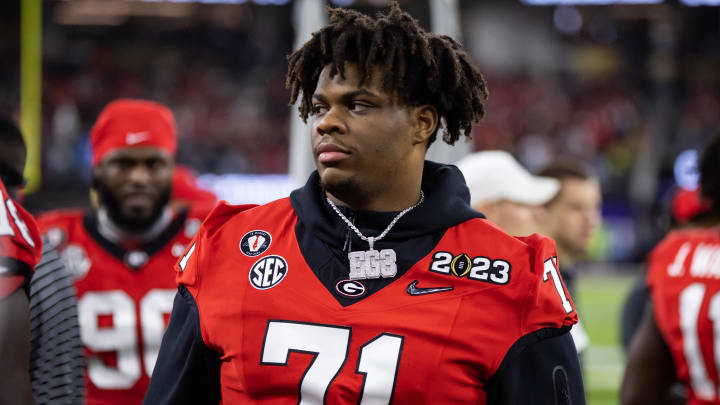 Jan 9, 2023; Inglewood, CA, USA; Georgia Bulldogs offensive lineman Earnest Greene III (71) against the TCU Horned Frogs during the CFP national championship game at SoFi Stadium. Mandatory Credit: Mark J. Rebilas-USA TODAY Sports