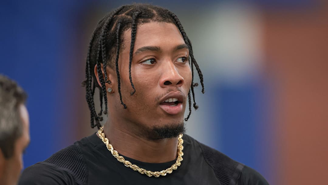Jul 24, 2024; East Rutherford, NJ, USA;New York Giants safety Isaiah Simmons (19) talks with media during training camp at Quest Diagnostics Training Facility.