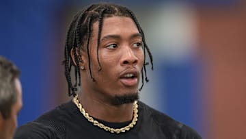 Jul 24, 2024; East Rutherford, NJ, USA;New York Giants safety Isaiah Simmons (19) talks with media during training camp at Quest Diagnostics Training Facility.