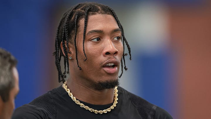 Jul 24, 2024; East Rutherford, NJ, USA;New York Giants safety Isaiah Simmons (19) talks with media during training camp at Quest Diagnostics Training Facility.