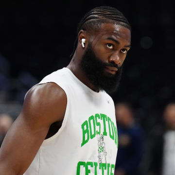 Mar 7, 2024; Denver, Colorado, USA; Boston Celtics guard Jaylen Brown (7) before the game against the Denver Nuggets at Ball Arena. Mandatory Credit: Ron Chenoy-USA TODAY Sports