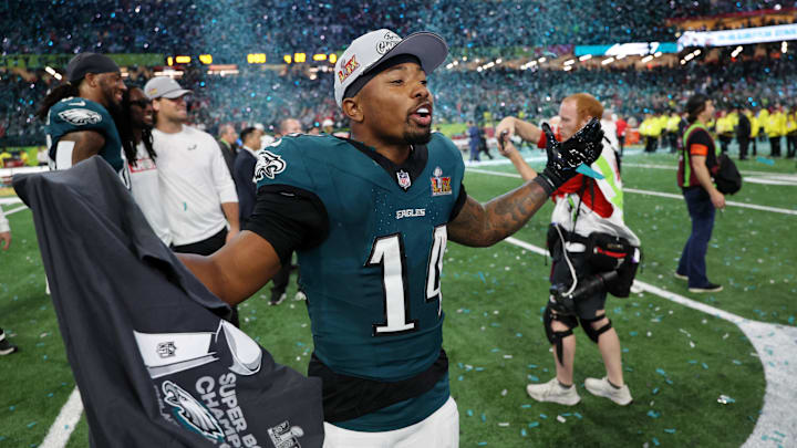 Feb 9, 2025; New Orleans, LA, USA; Philadelphia Eagles running back Kenneth Gainwell (14) celebrates after winning Super Bowl LIX against the Kansas City Chiefs at Caesars Superdome. Mandatory Credit: Geoff Burke-Imagn Images