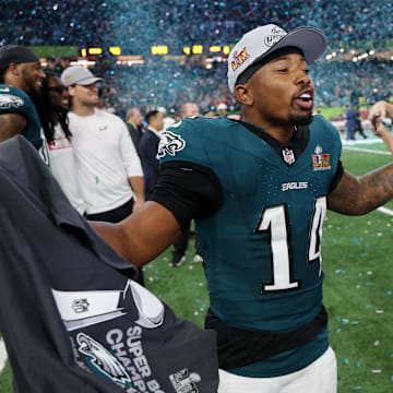 Feb 9, 2025; New Orleans, LA, USA; Philadelphia Eagles running back Kenneth Gainwell (14) celebrates after winning Super Bowl LIX against the Kansas City Chiefs at Caesars Superdome. Mandatory Credit: Geoff Burke-Imagn Images