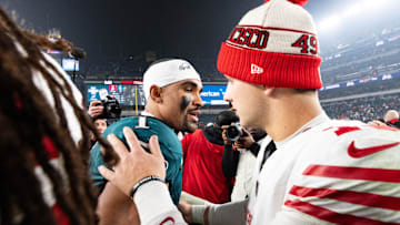 Philadelphia Eagles quarterback Jalen Hurts (1) and San Francisco 49ers quarterback Brock Purdy (13)