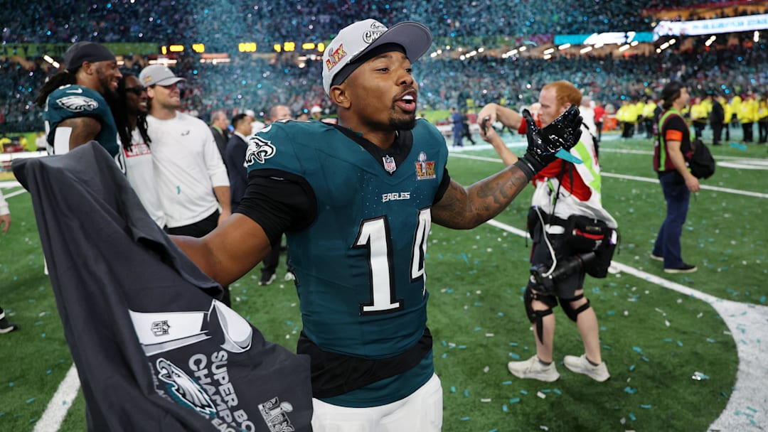 Feb 9, 2025; New Orleans, LA, USA; Philadelphia Eagles running back Kenneth Gainwell (14) celebrates after winning Super Bowl LIX against the Kansas City Chiefs at Caesars Superdome. Mandatory Credit: Geoff Burke-Imagn Images