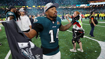 Feb 9, 2025; New Orleans, LA, USA; Philadelphia Eagles running back Kenneth Gainwell (14) celebrates after winning Super Bowl LIX against the Kansas City Chiefs at Caesars Superdome. Mandatory Credit: Geoff Burke-Imagn Images