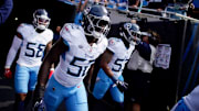 Tennessee Titans linebacker James Williams heads onto the field for warmups before their game against the Chicago Bears.