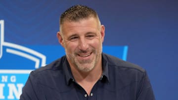 Feb 25, 2025; Indianapolis, IN, USA; New England Patriots coach Mike Vrabel speaks during the NFL Scouting Combine at the Indiana Convention Center. Mandatory Credit: Kirby Lee-Imagn Images