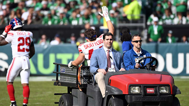 Cam Skattebo suffered a dislocated ankle in the Giants' loss to the Eagles last Sunday. Cam Skattebo suffered a dislocated ankle in the Giants' loss to the Eagles last Sunday.