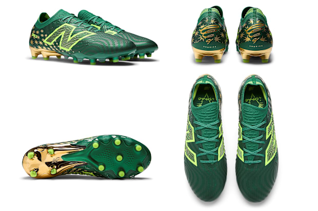 Endrick's green and gold New Balance soccer cleats.