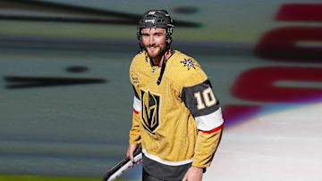 Apr 12, 2025; Las Vegas, Nevada, USA; Vegas Golden Knights center Nicolas Roy (10) was named Second Star of the Game after the Golden Knights defeated the Nashville Predators 4-3 at T-Mobile Arena. Mandatory Credit: Stephen R. Sylvanie-Imagn Images