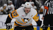 Jan 27, 2025; San Jose, California, USA;  Pittsburgh Penguins center Sidney Crosby (87) waits for play to resume during the third period against the San Jose Sharks at SAP Center at San Jose. Mandatory Credit: David Gonzales-Imagn Images