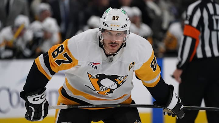 Jan 27, 2025; San Jose, California, USA;  Pittsburgh Penguins center Sidney Crosby (87) waits for play to resume during the third period against the San Jose Sharks at SAP Center at San Jose. Mandatory Credit: David Gonzales-Imagn Images