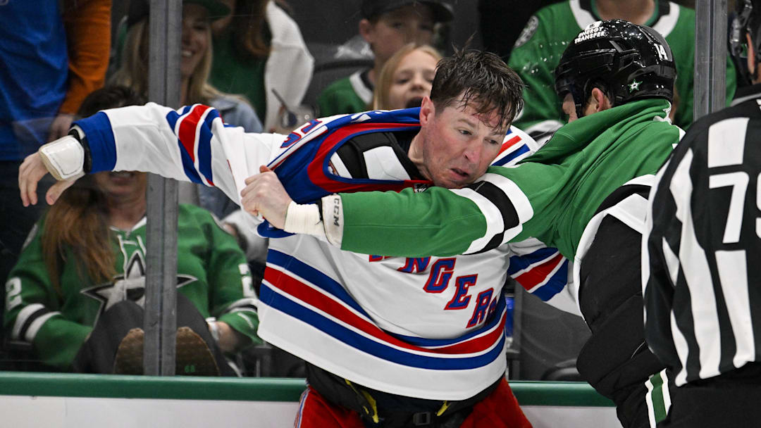 Apr 11, 2026; Dallas, Texas, USA; New York Rangers left wing J.T. Miller (8) fights with Dallas Stars left wing Jamie Benn (14) during the second period at the American Airlines Center. Mandatory Credit: Jerome Miron-Imagn Images Apr 11, 2026; Dallas, Texas, USA; New York Rangers left wing J.T. Miller (8) fights with Dallas Stars left wing Jamie Benn (14) during the second period at the American Airlines Center. Mandatory Credit: Jerome Miron-Imagn Images