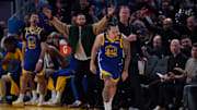 Jan 4, 2025; San Francisco, California, USA;  Golden State Warriors forward Lindy Waters III (43) celebrates after making a three pointer against the Memphis Grizzlies in the fourth quarter at Chase Center. Mandatory Credit: David Gonzales-Imagn Images