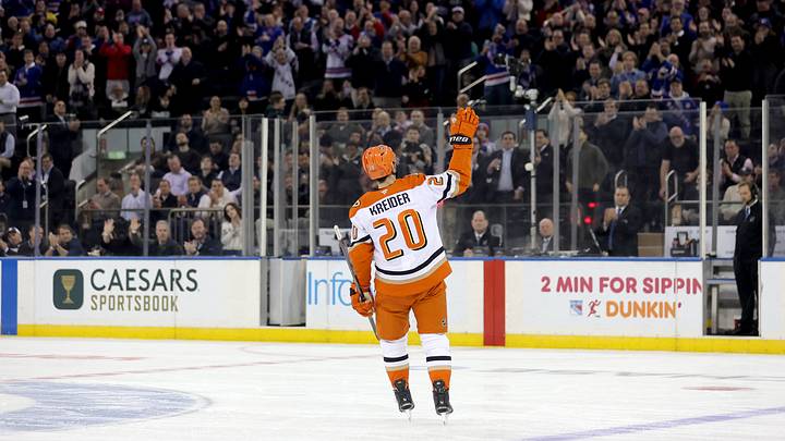Dec 15, 2025; New York, New York, USA; Anaheim Ducks left wing Chris Kreider (20) acknowledges the crowd after being honored during the first period against the New York Rangers at Madison Square Garden. Mandatory Credit: Brad Penner-Imagn Images Dec 15, 2025; New York, New York, USA; Anaheim Ducks left wing Chris Kreider (20) acknowledges the crowd after being honored during the first period against the New York Rangers at Madison Square Garden. Mandatory Credit: Brad Penner-Imagn Images
