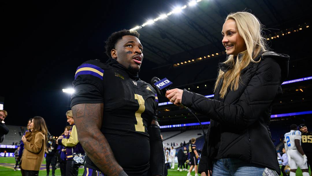 Nov 15, 2024; Seattle, Washington, USA; Washington Huskies running back Jonah Coleman (1) is interviewed after the game against the UCLA Bruins at Alaska Airlines Field at Husky Stadium. Mandatory Credit: Steven Bisig-Imagn Images