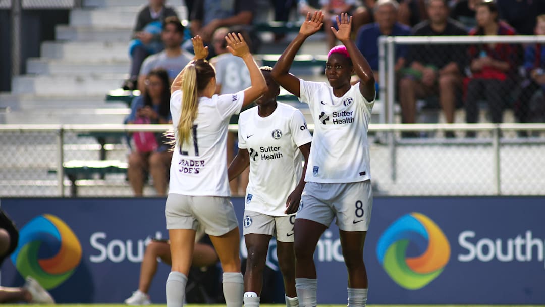 Bay FC forward Asisat Oshoala celebrates with teammates