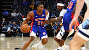 Oct 6, 2025; Memphis, Tennessee, USA; Detroit Pistons guard Jaden Ivey (23) dribbles the ball as Memphis Grizzlies forward Kentavious Caldwell-Pope (3) defends during the first quarter at FedExForum. Mandatory Credit: Petre Thomas-Imagn Images